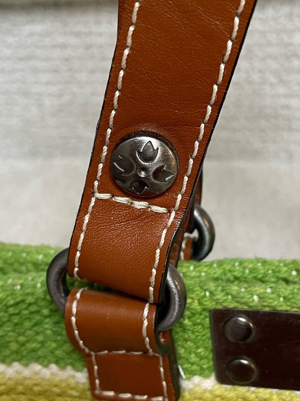 Woven Green & Blue Stripe Tote Bag with Leather Straps - Picture 5 of 15